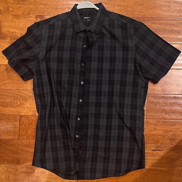 Men's bar 3 slim fit stretch Black Checkered Short Sleeve Shirt - Picture 1 of 3